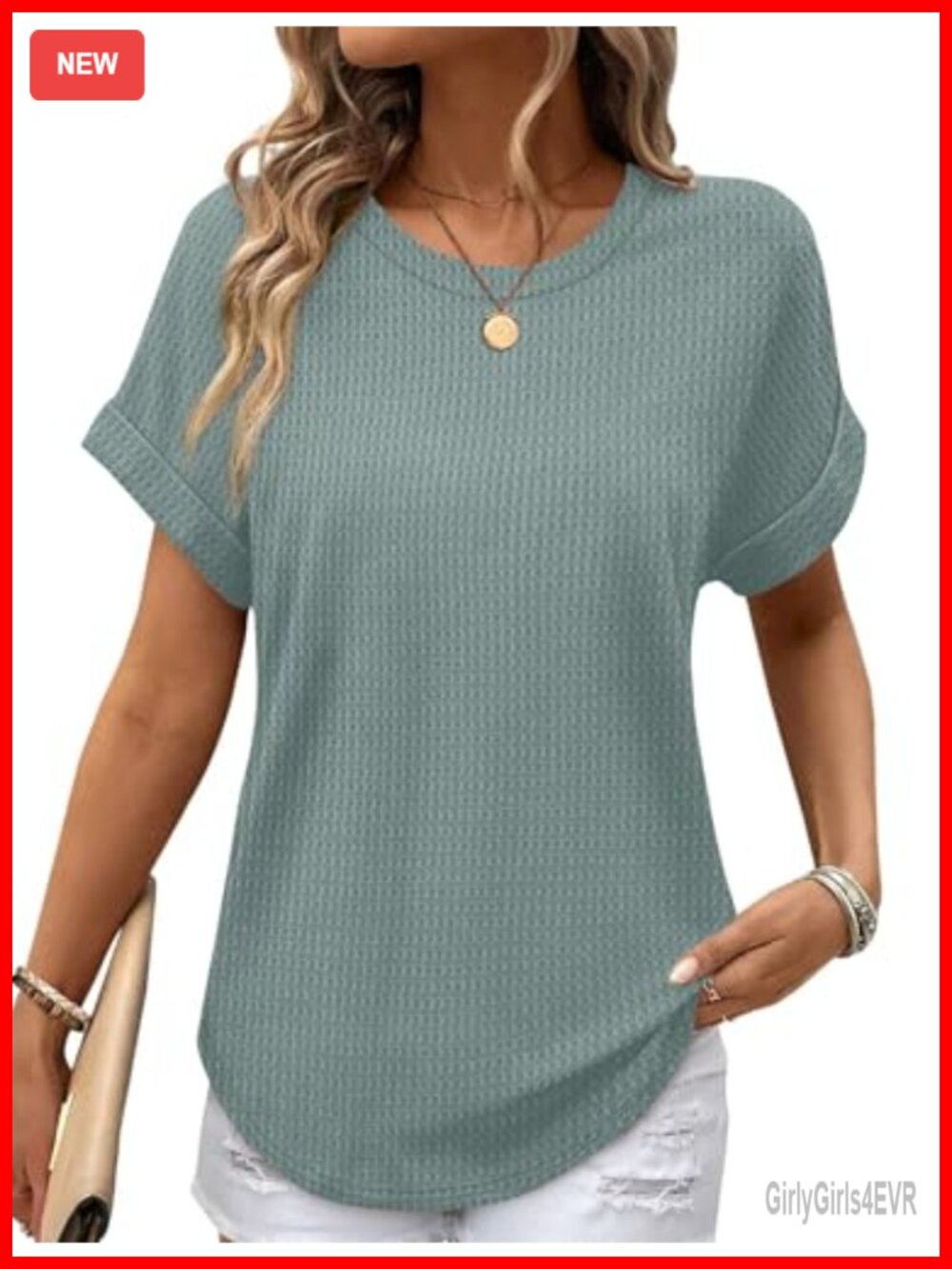 Waffle Knit Rolled Short Sleeve Tunic Top Loose Fit Curved Hem